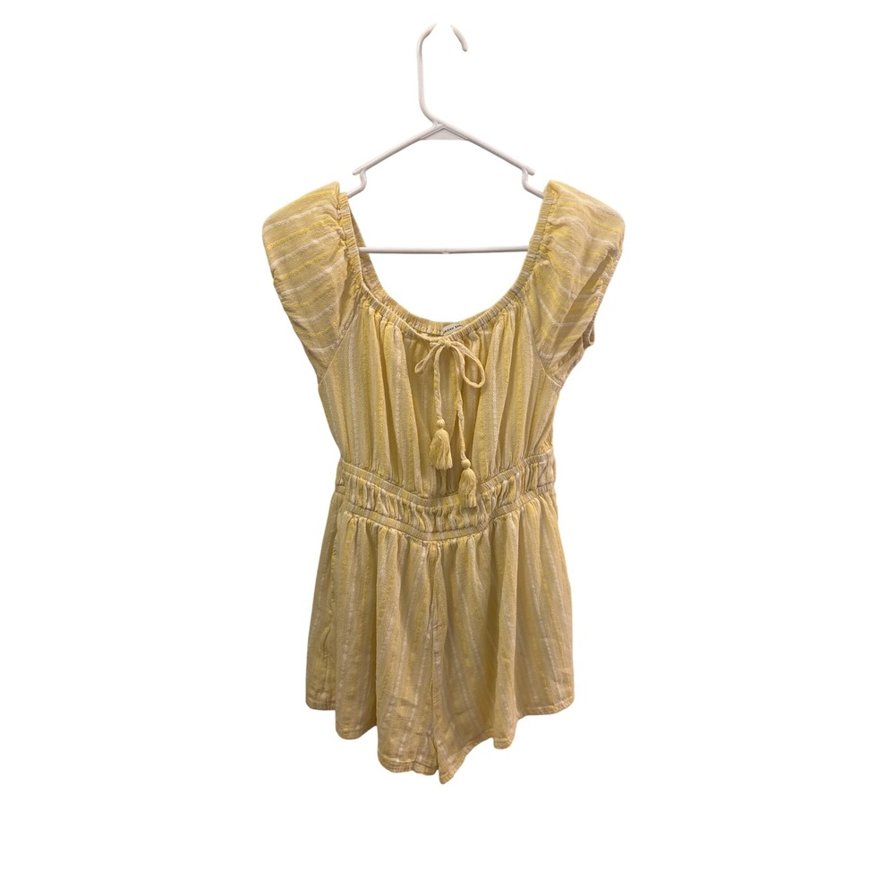 American Eagle Yellow White Striped Tassel Tie Romper Medium Womens Pockets